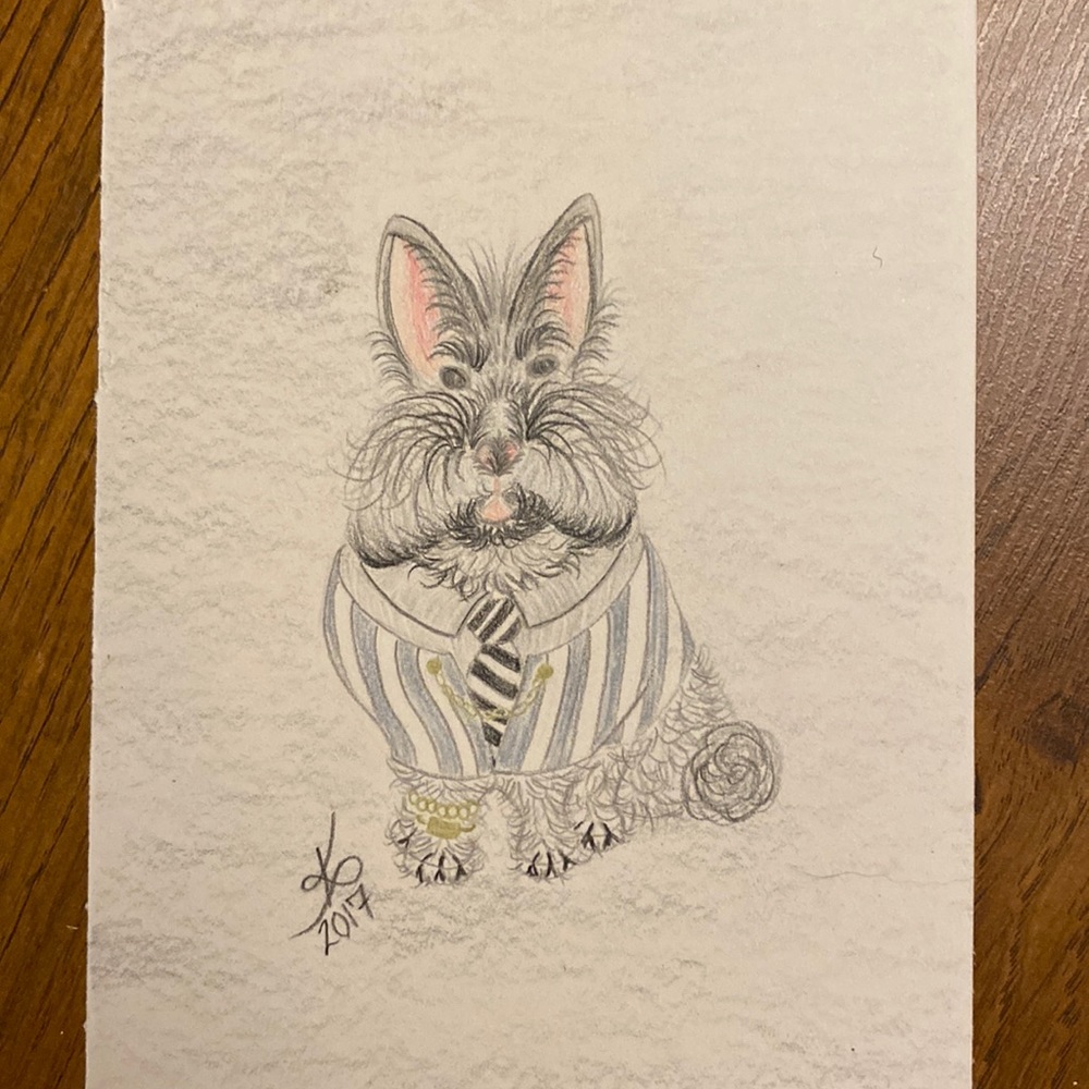 Unframed Original Art Drawing Dapper Business Bunny in Pencil Crayon